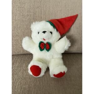 Sasco Inc White Christmas Teddy Bear Santa Hat Bow Tie Plush Stuffed Animal 9"